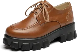 SHEMEE Women's Platform Oxfords Chunky Heels Loafer Lug Sole Lace Up Derby Shoes Comfort Business Work Office Dress Pumps