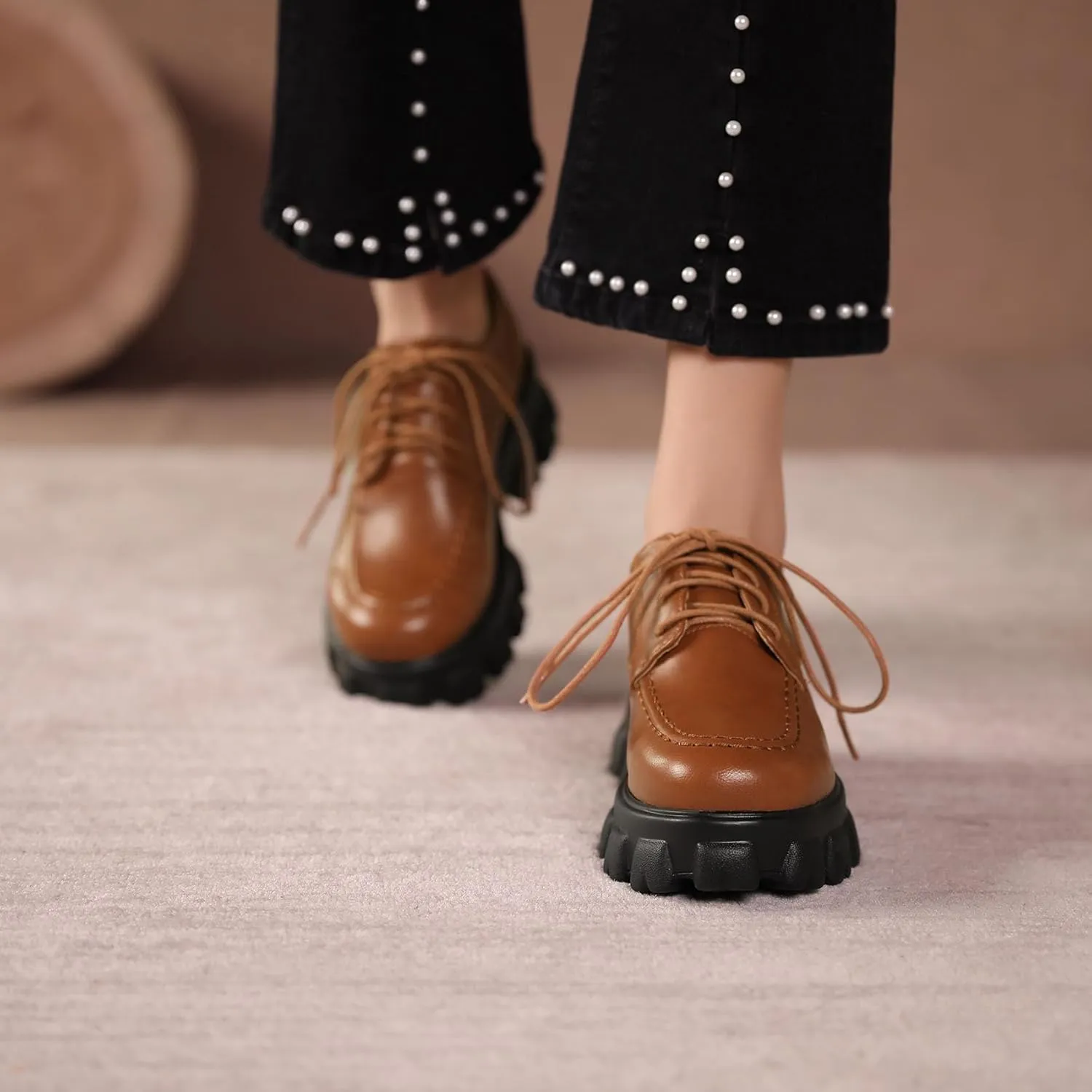 SHEMEE Women's Platform Oxfords Chunky Heels Loafer Lug Sole Lace Up Derby Shoes Comfort Business Work Office Dress Pumps