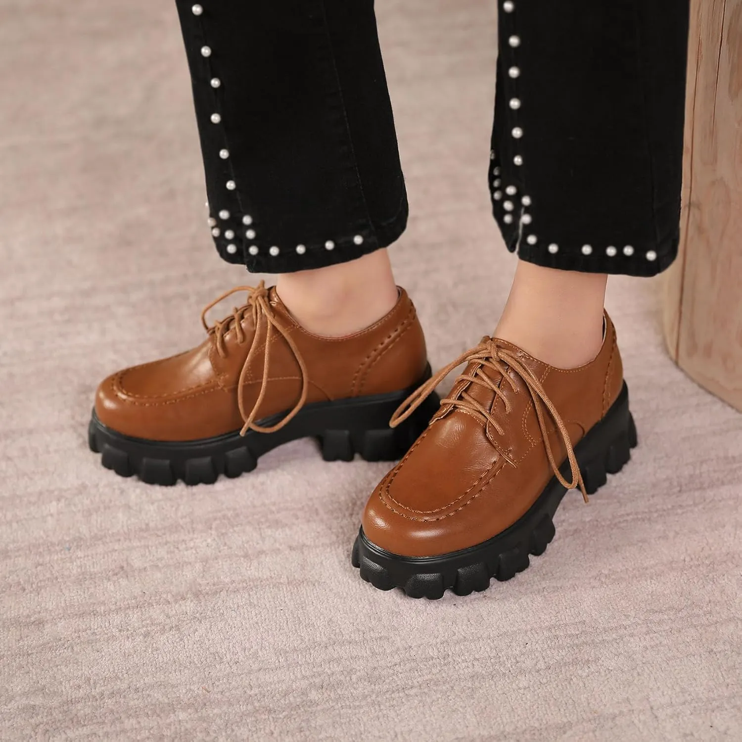 SHEMEE Women's Platform Oxfords Chunky Heels Loafer Lug Sole Lace Up Derby Shoes Comfort Business Work Office Dress Pumps