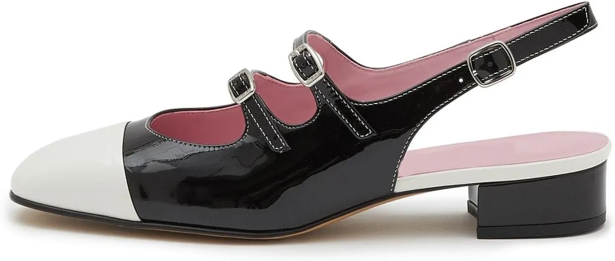 STALOV Slingback Flats for Women Closed Round Toe Two Tone Low Chunky Block Heels Sandals Mary Janes Double Straps Pumps Shoes