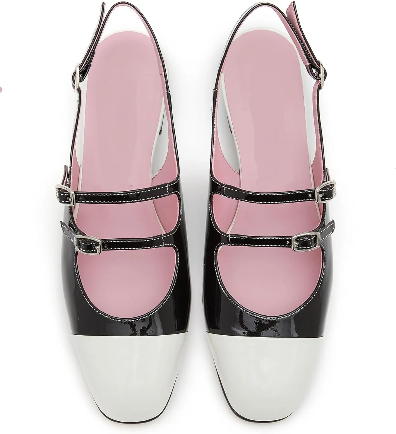 STALOV Slingback Flats for Women Closed Round Toe Two Tone Low Chunky Block Heels Sandals Mary Janes Double Straps Pumps Shoes