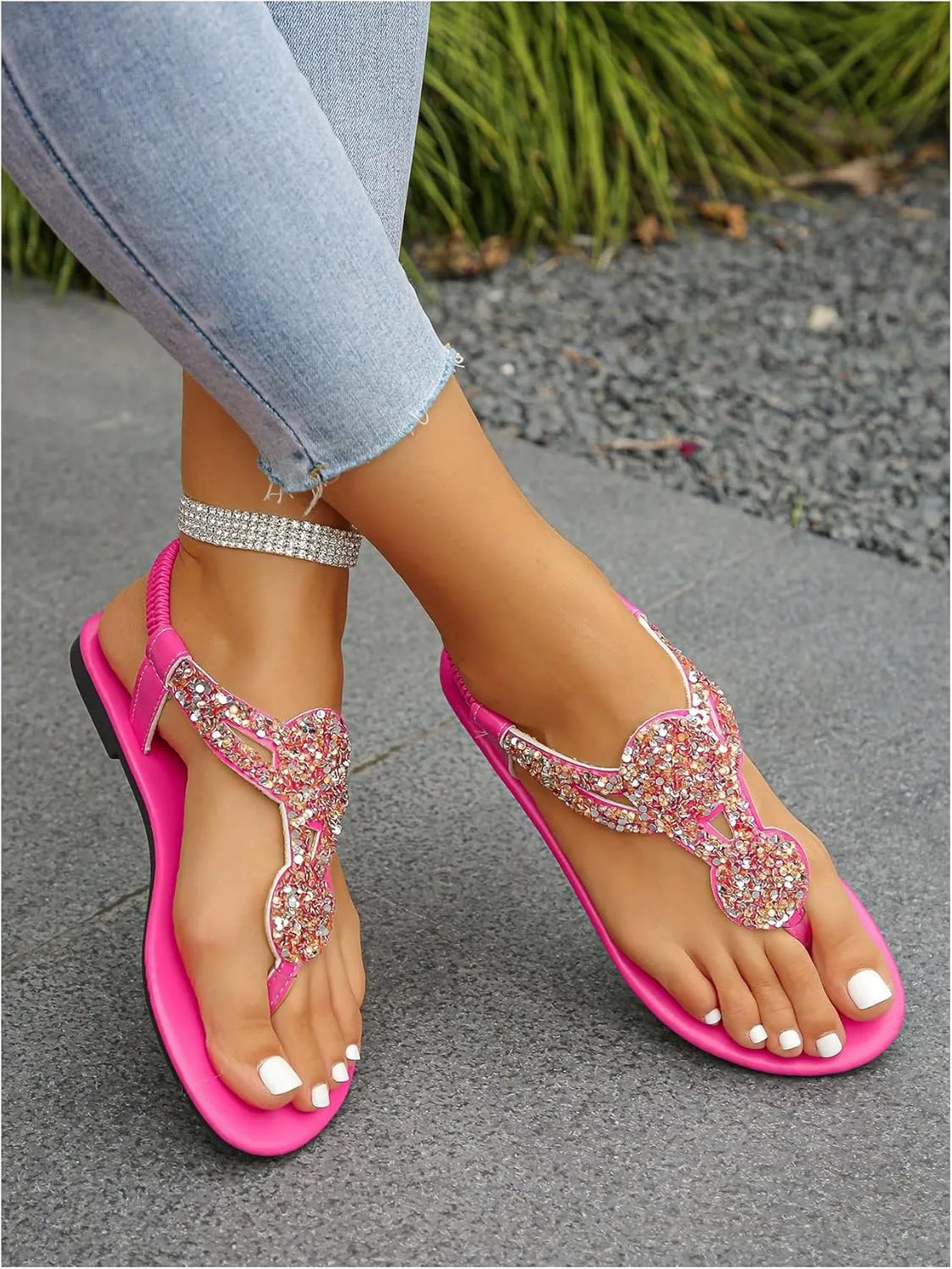 SweatyRocks Women's Glitter Flip Flops Casual Thong Sandals with Back Strap