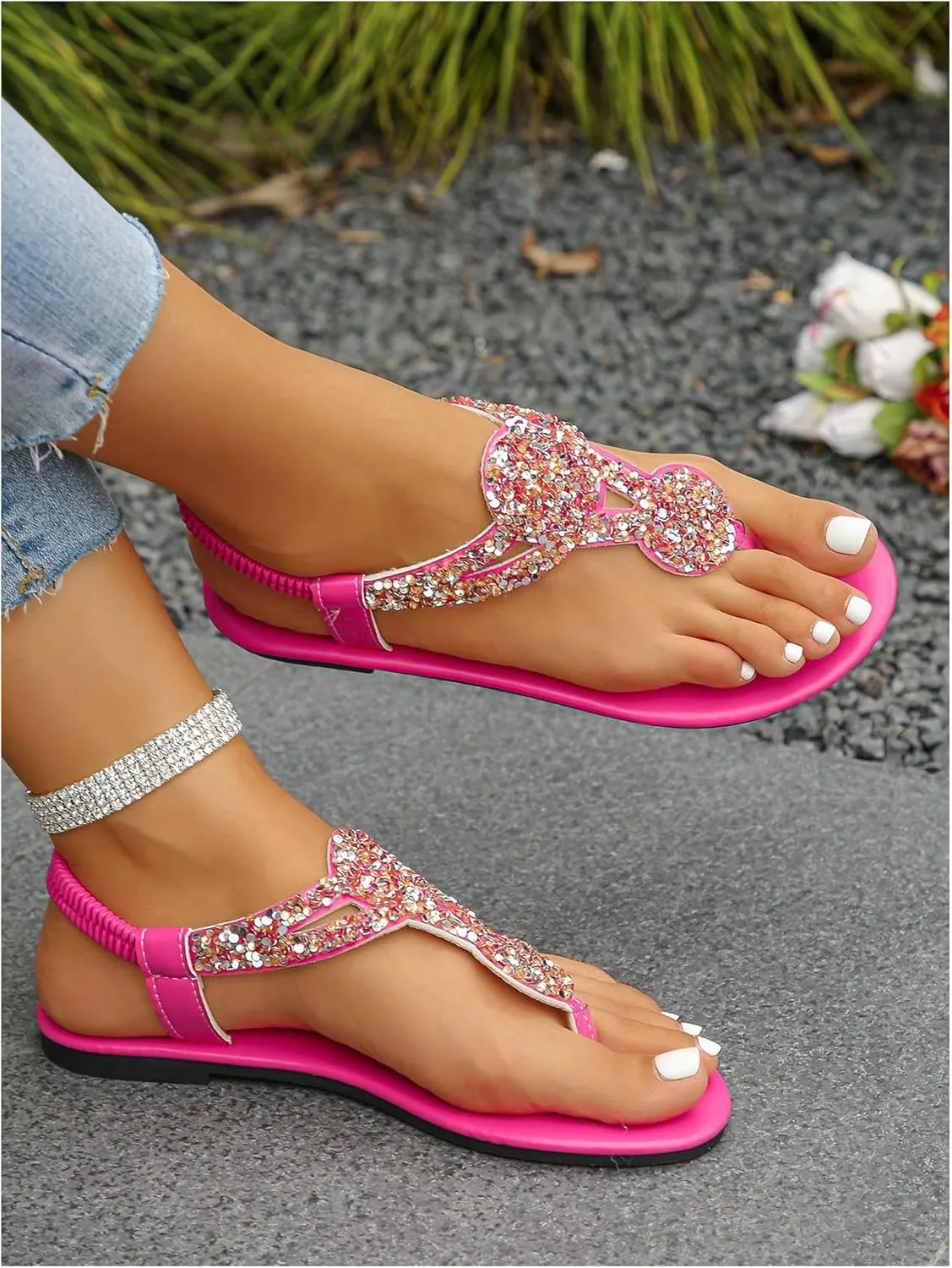 SweatyRocks Women's Glitter Flip Flops Casual Thong Sandals with Back Strap