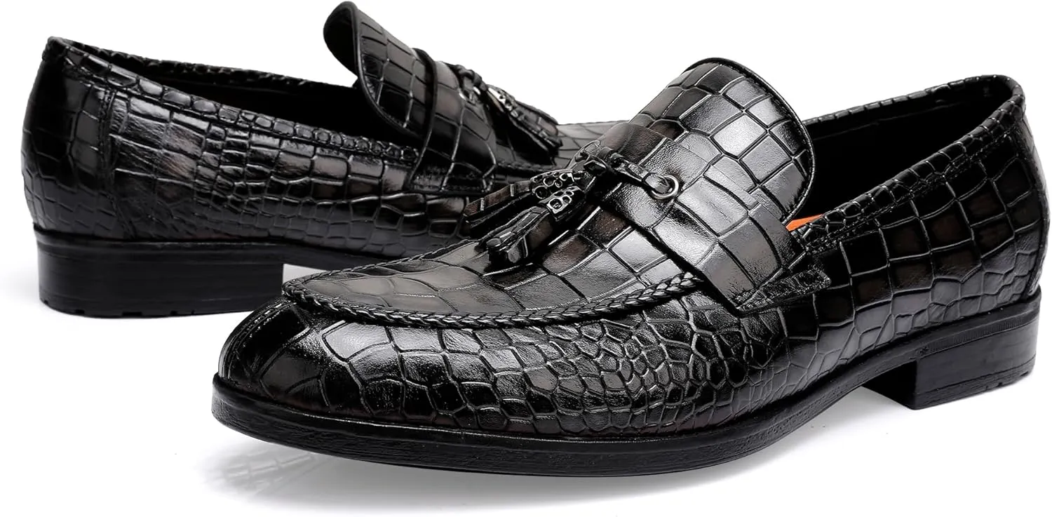 Tassel Loafers for Men, Crocodile Pattern Dress Shoes with Tassel Casual Classic Penny Loafers