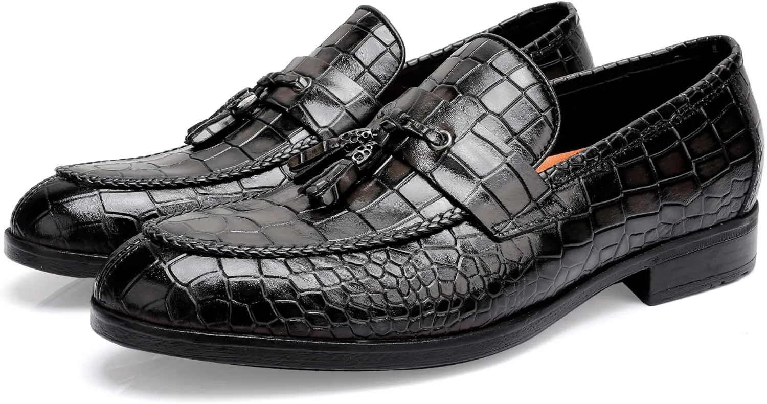 Tassel Loafers for Men, Crocodile Pattern Dress Shoes with Tassel Casual Classic Penny Loafers