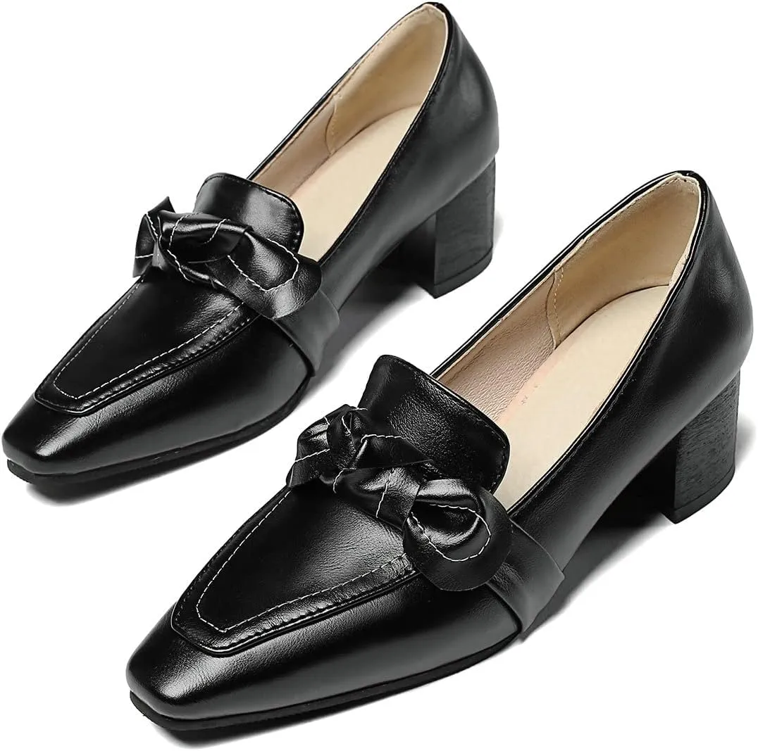 Trendenzy Womens Square Toe Chunky Heel Loafers Slip On Work Office Pumps with Bow