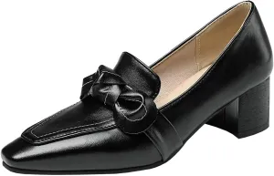 Trendenzy Womens Square Toe Chunky Heel Loafers Slip On Work Office Pumps with Bow