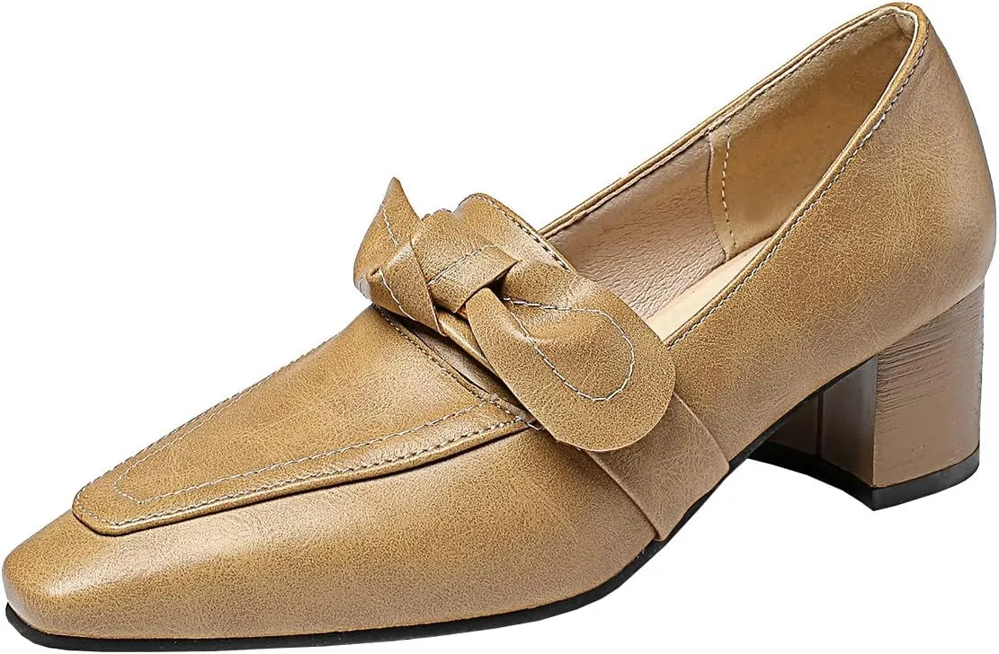 Trendenzy Womens Square Toe Chunky Heel Loafers Slip On Work Office Pumps with Bow