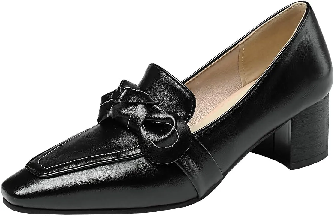 Trendenzy Womens Square Toe Chunky Heel Loafers Slip On Work Office Pumps with Bow