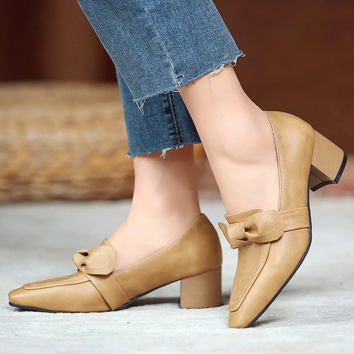 Trendenzy Womens Square Toe Chunky Heel Loafers Slip On Work Office Pumps with Bow
