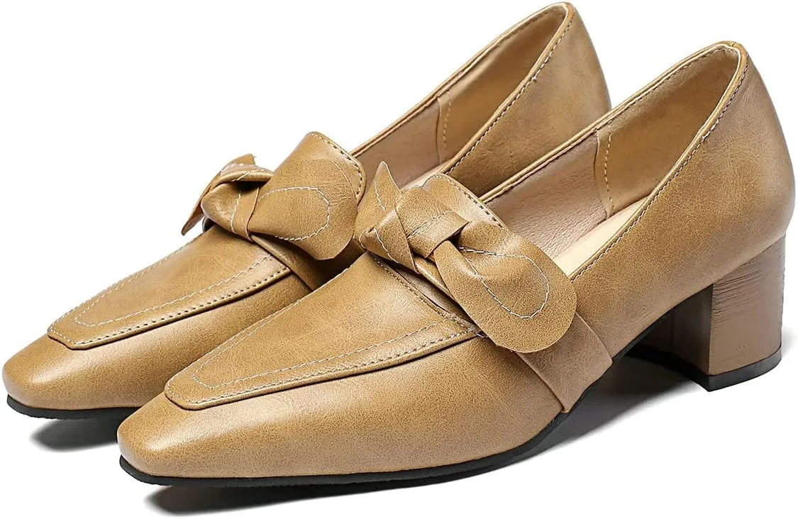 Trendenzy Womens Square Toe Chunky Heel Loafers Slip On Work Office Pumps with Bow