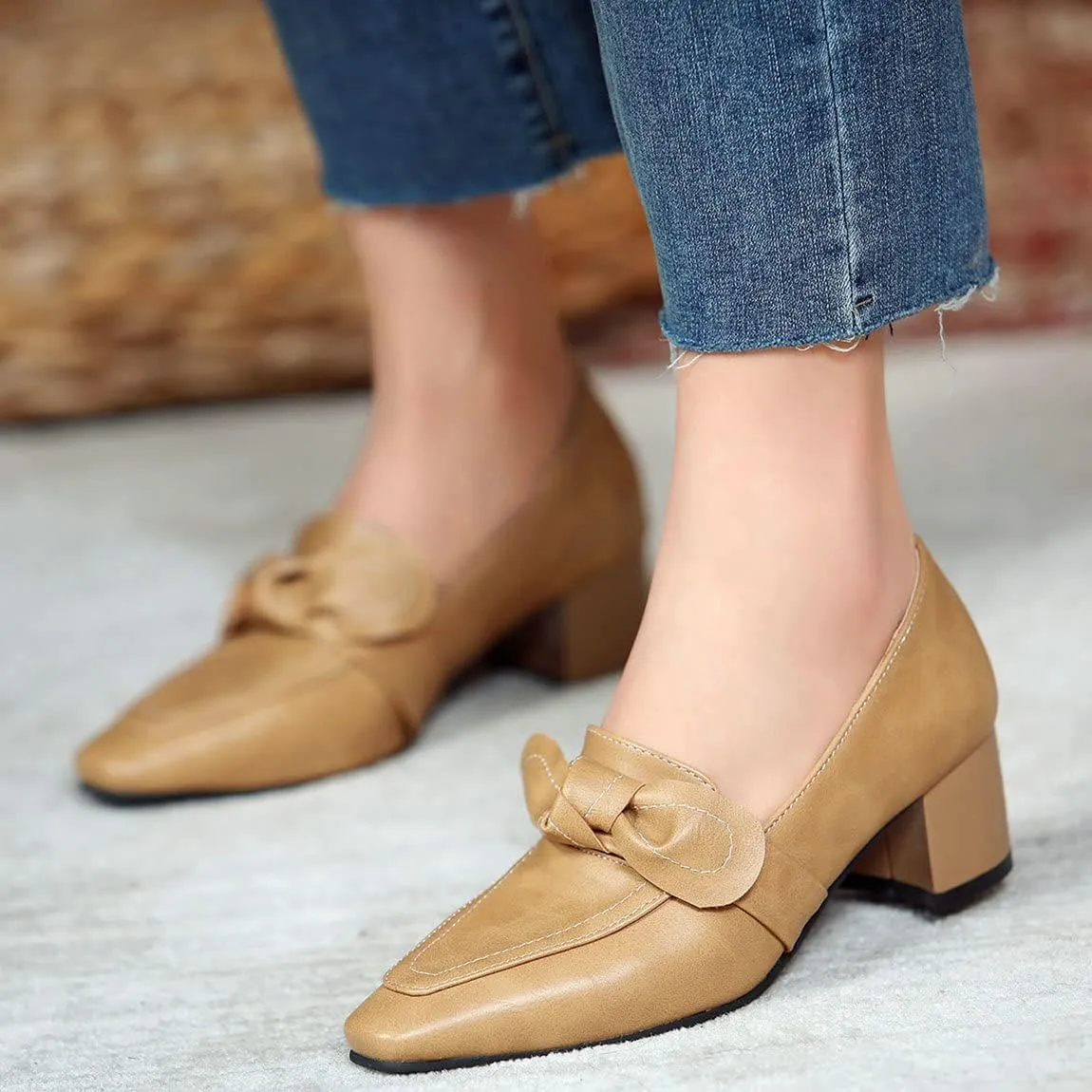 Trendenzy Womens Square Toe Chunky Heel Loafers Slip On Work Office Pumps with Bow