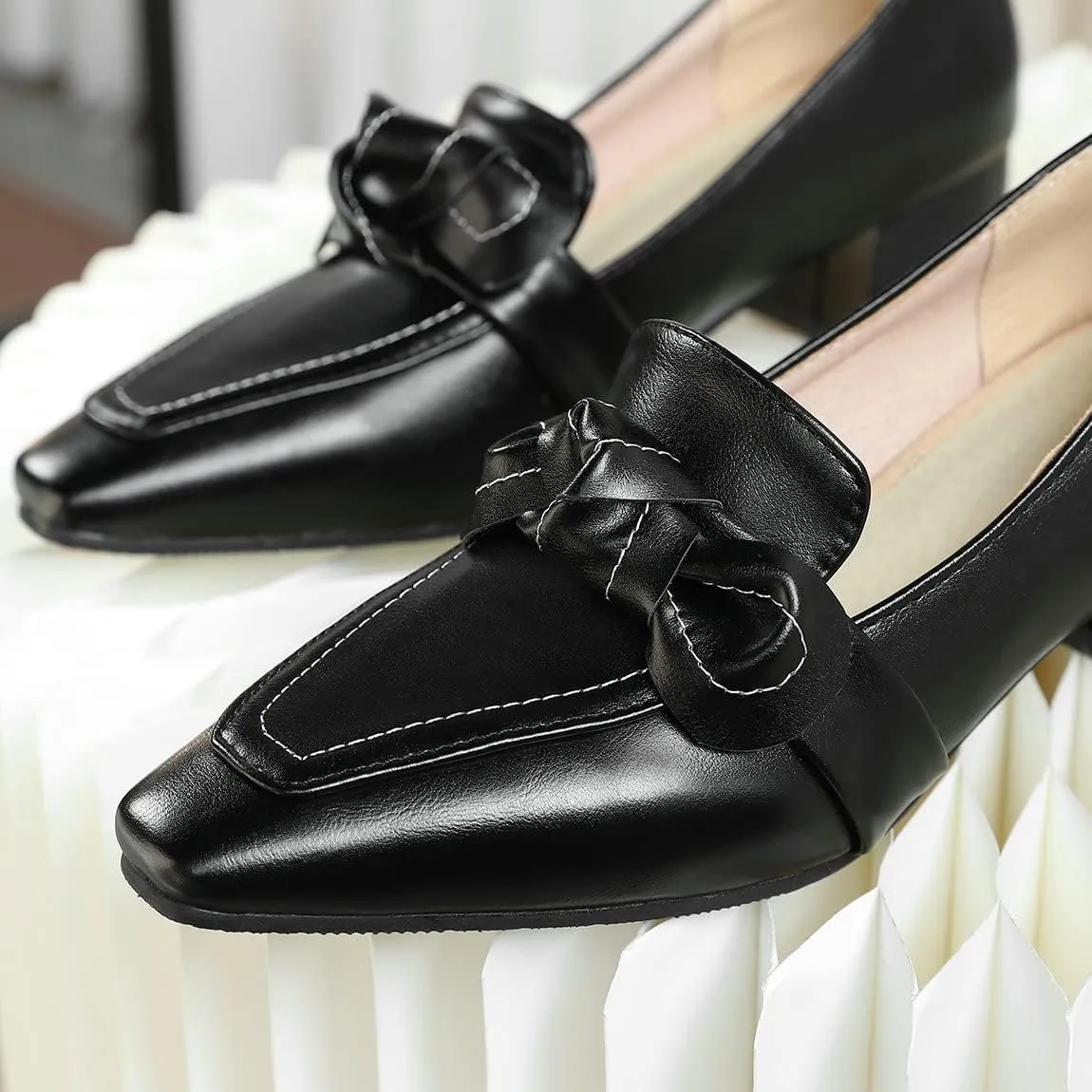 Trendenzy Womens Square Toe Chunky Heel Loafers Slip On Work Office Pumps with Bow