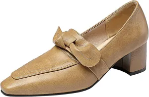 Trendenzy Womens Square Toe Chunky Heel Loafers Slip On Work Office Pumps with Bow