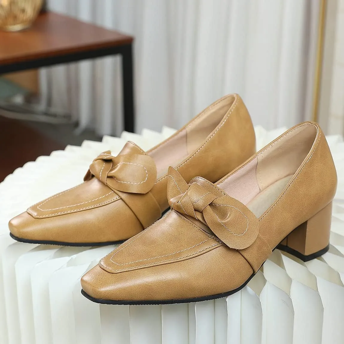 Trendenzy Womens Square Toe Chunky Heel Loafers Slip On Work Office Pumps with Bow