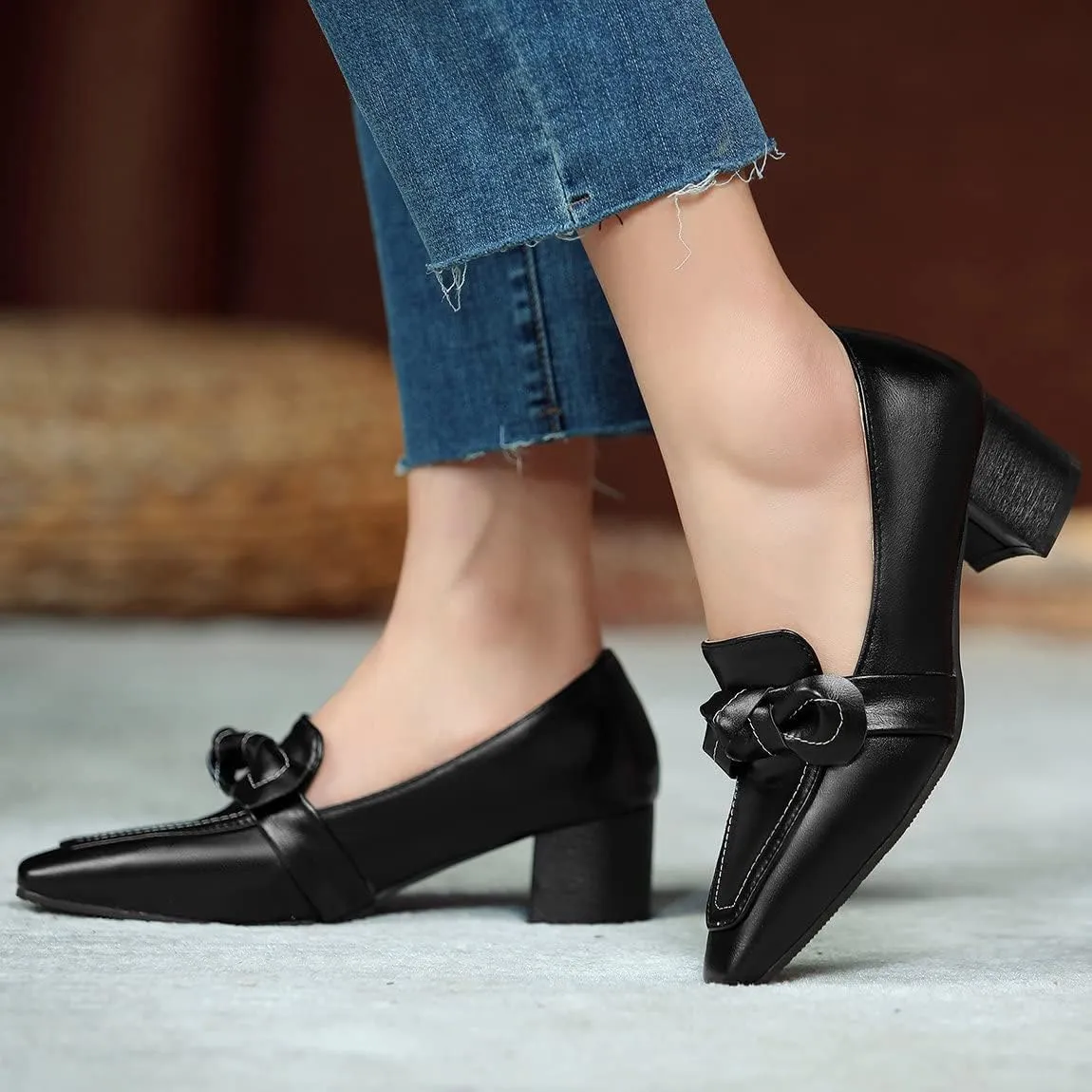 Trendenzy Womens Square Toe Chunky Heel Loafers Slip On Work Office Pumps with Bow