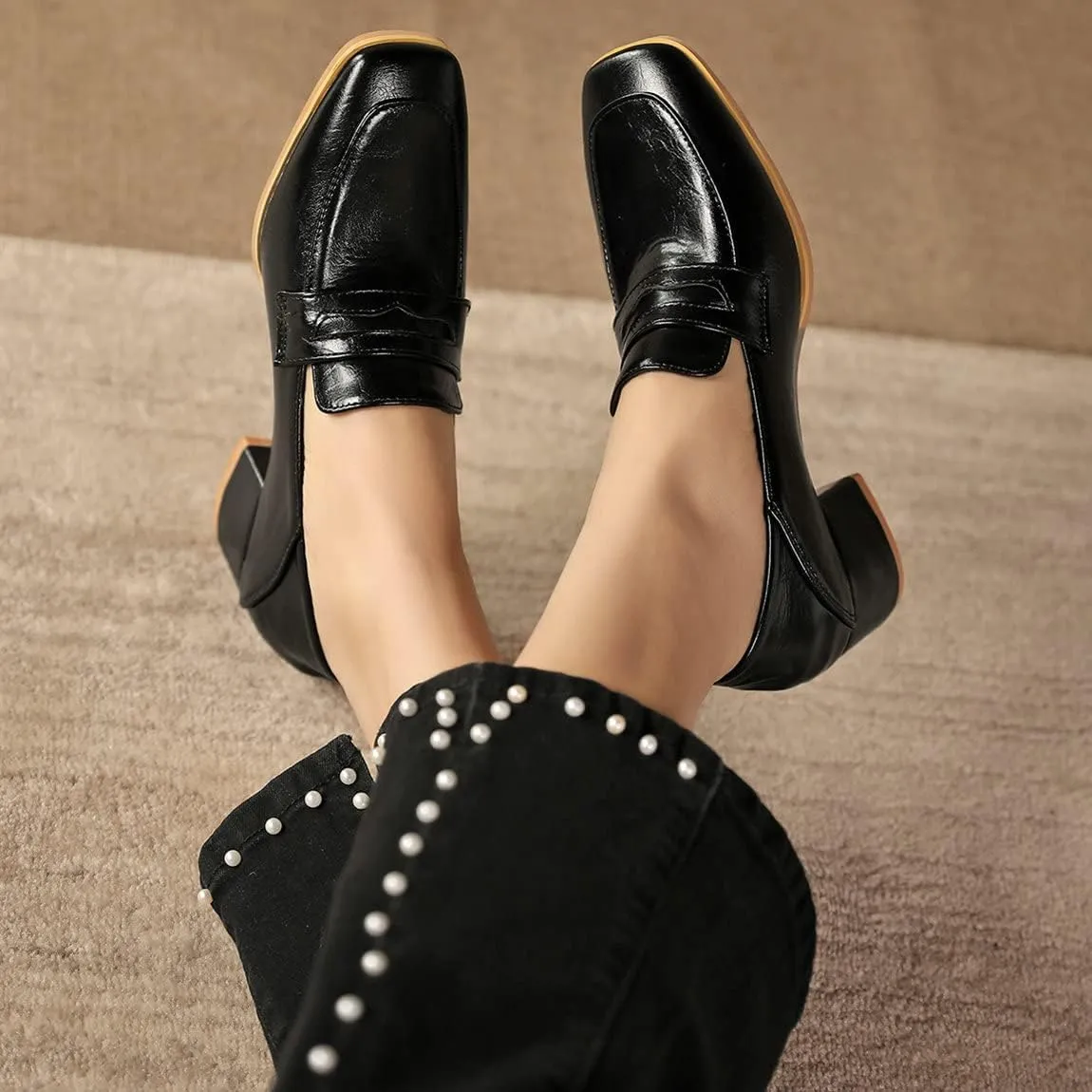 Trendenzy Womens Square Toe Chunky Heel Pumps Vintage Slip On Loafers