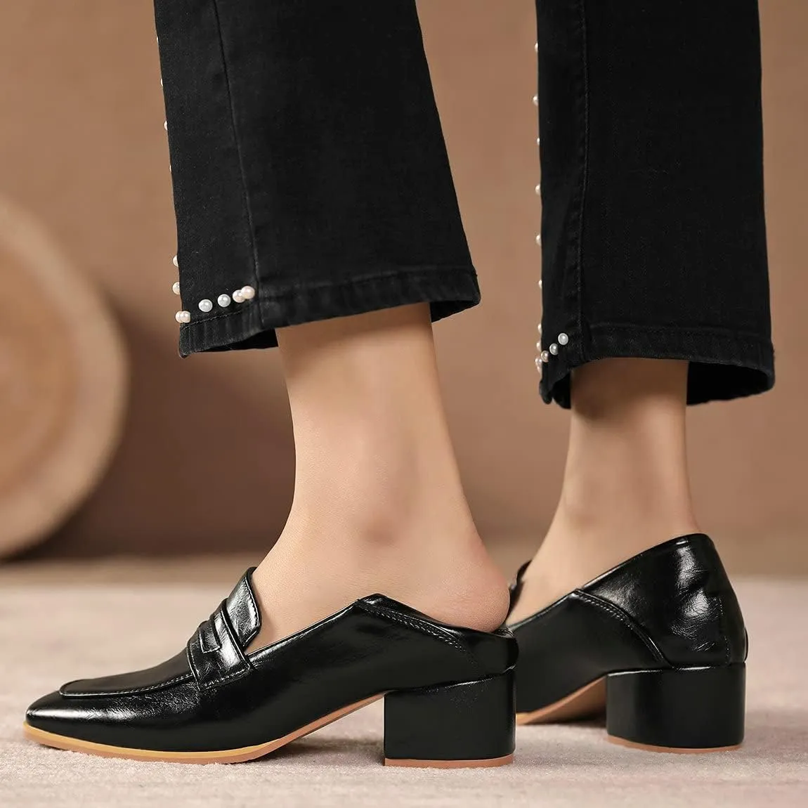 Trendenzy Womens Square Toe Chunky Heel Pumps Vintage Slip On Loafers