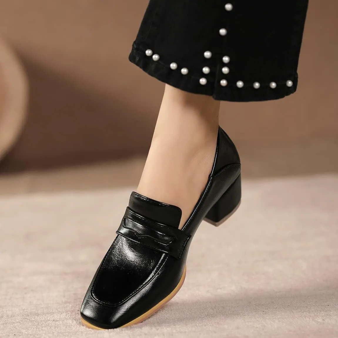 Trendenzy Womens Square Toe Chunky Heel Pumps Vintage Slip On Loafers