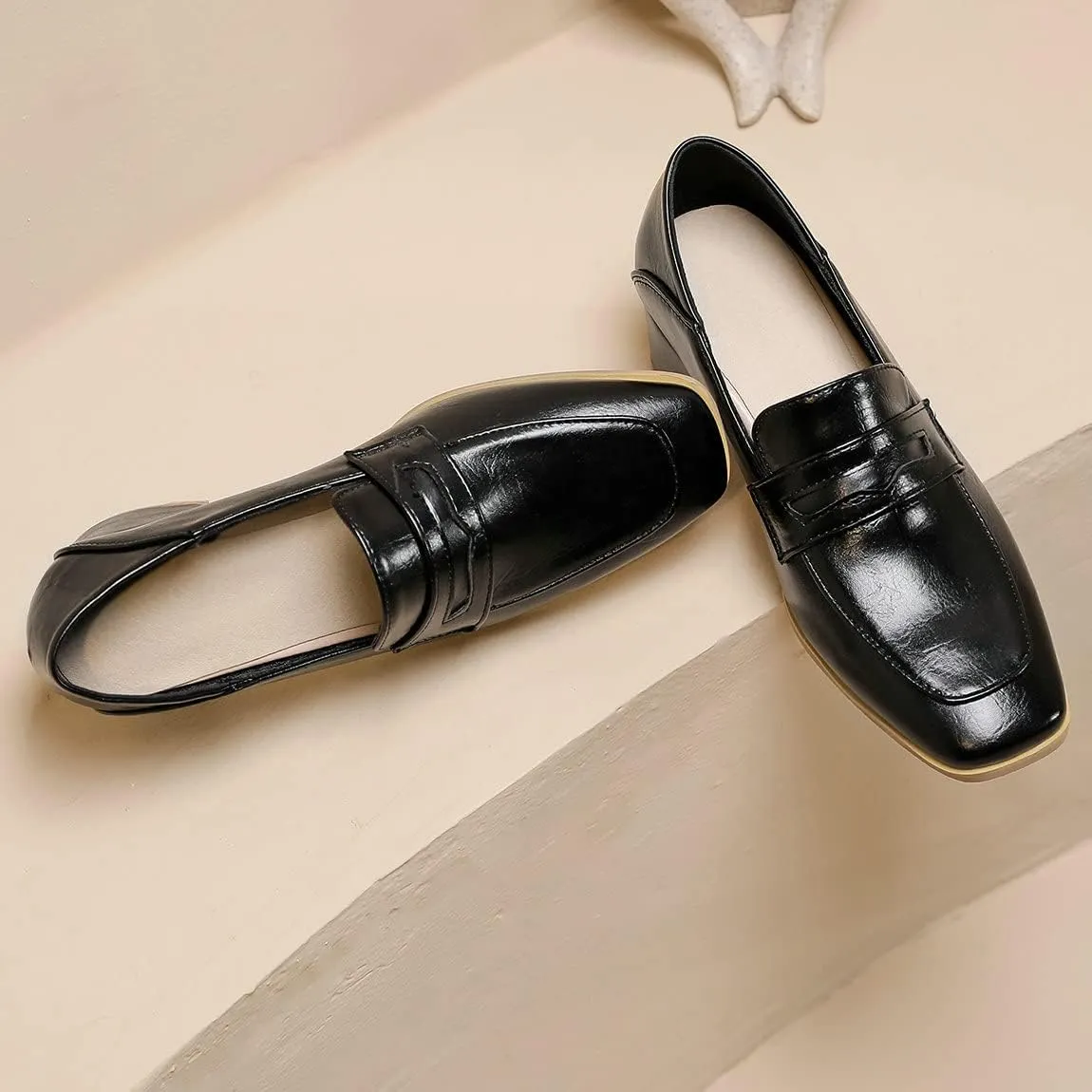Trendenzy Womens Square Toe Chunky Heel Pumps Vintage Slip On Loafers