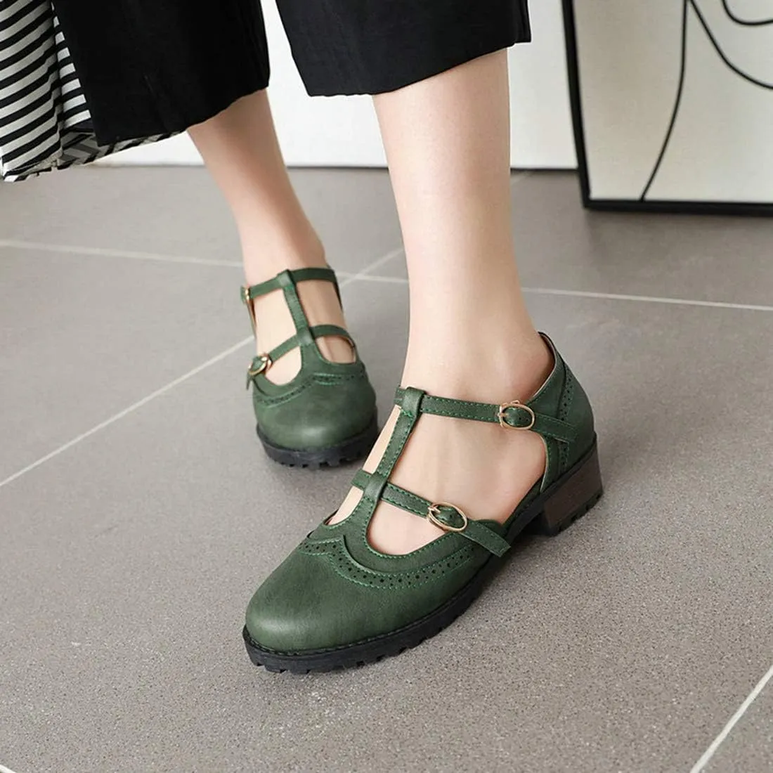 VOKLIN Women's Vintage T-Strap Mary Jane Pumps Round Toe Platform Chunky Low Heel Brogues Oxford Dress Shoes