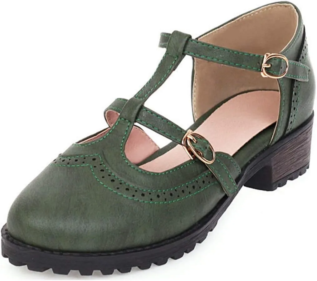 VOKLIN Women's Vintage T-Strap Mary Jane Pumps Round Toe Platform Chunky Low Heel Brogues Oxford Dress Shoes
