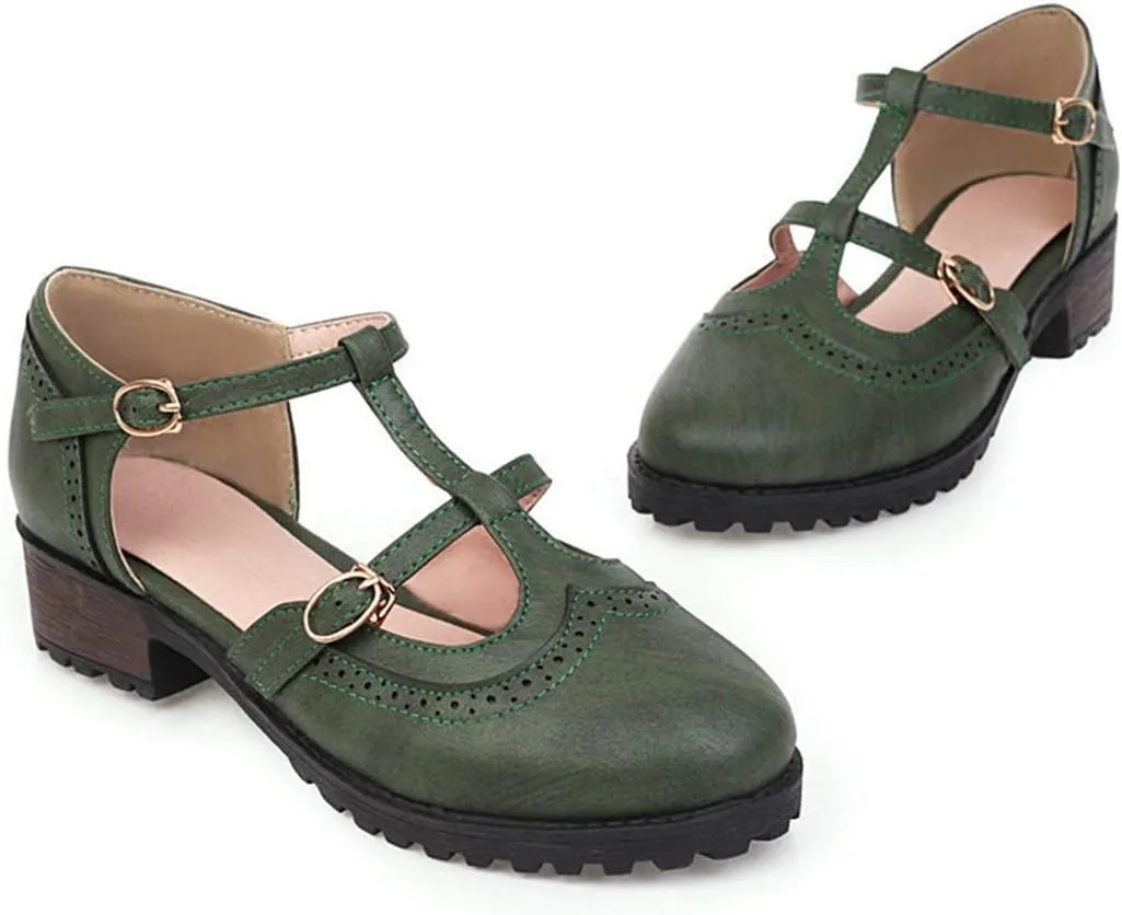 VOKLIN Women's Vintage T-Strap Mary Jane Pumps Round Toe Platform Chunky Low Heel Brogues Oxford Dress Shoes