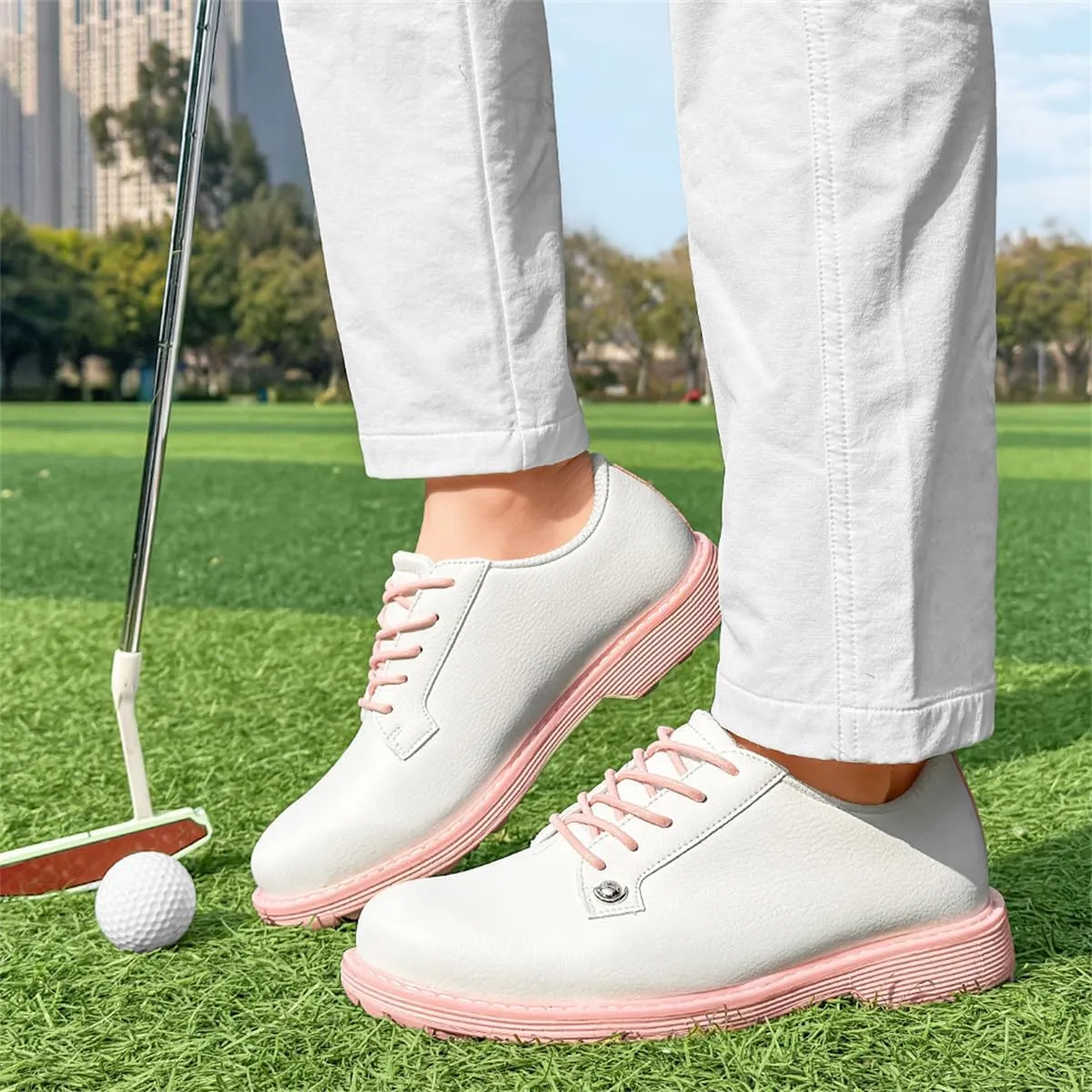 Waterproof Golf Brogue Shoes, Outdoor Casual Golf Sneakers Spikless Leather Arch Support Walking Footwears