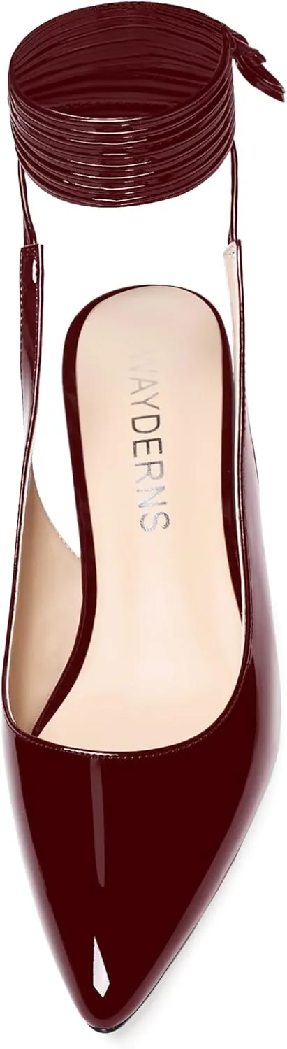 WAYDERNS Women's Pointed Toe Slender Wrap-Around Self Tie Patent Slingback Kitten Low Heel Pumps Shoes 2 Inch