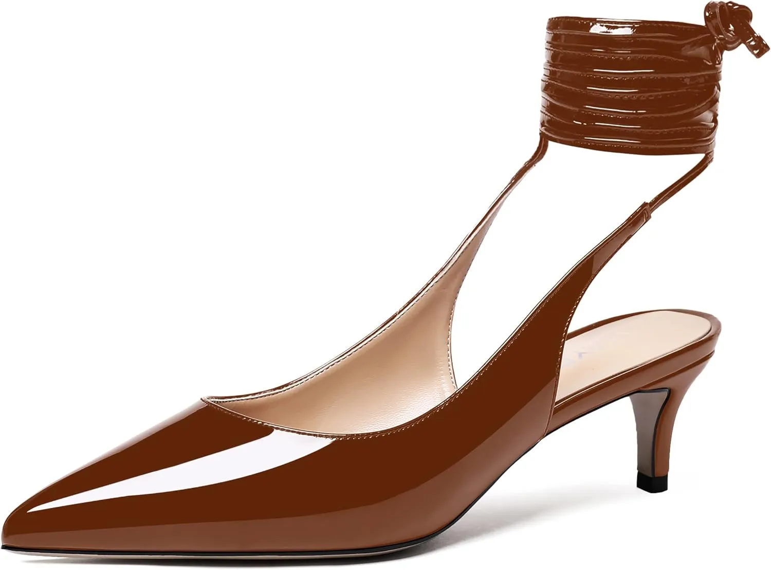 WAYDERNS Women's Pointed Toe Slender Wrap-Around Self Tie Patent Slingback Kitten Low Heel Pumps Shoes 2 Inch