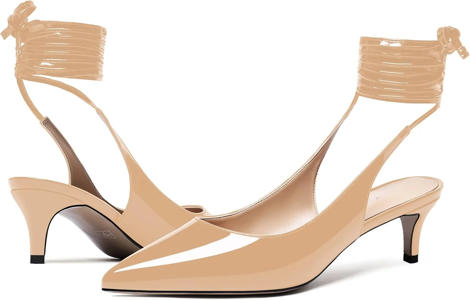 WAYDERNS Women's Pointed Toe Slender Wrap-Around Self Tie Patent Slingback Kitten Low Heel Pumps Shoes 2 Inch