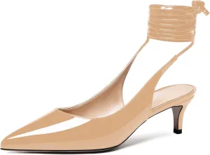 WAYDERNS Women's Pointed Toe Slender Wrap-Around Self Tie Patent Slingback Kitten Low Heel Pumps Shoes 2 Inch