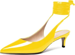 WAYDERNS Women's Pointed Toe Slender Wrap-Around Self Tie Patent Slingback Kitten Low Heel Pumps Shoes 2 Inch