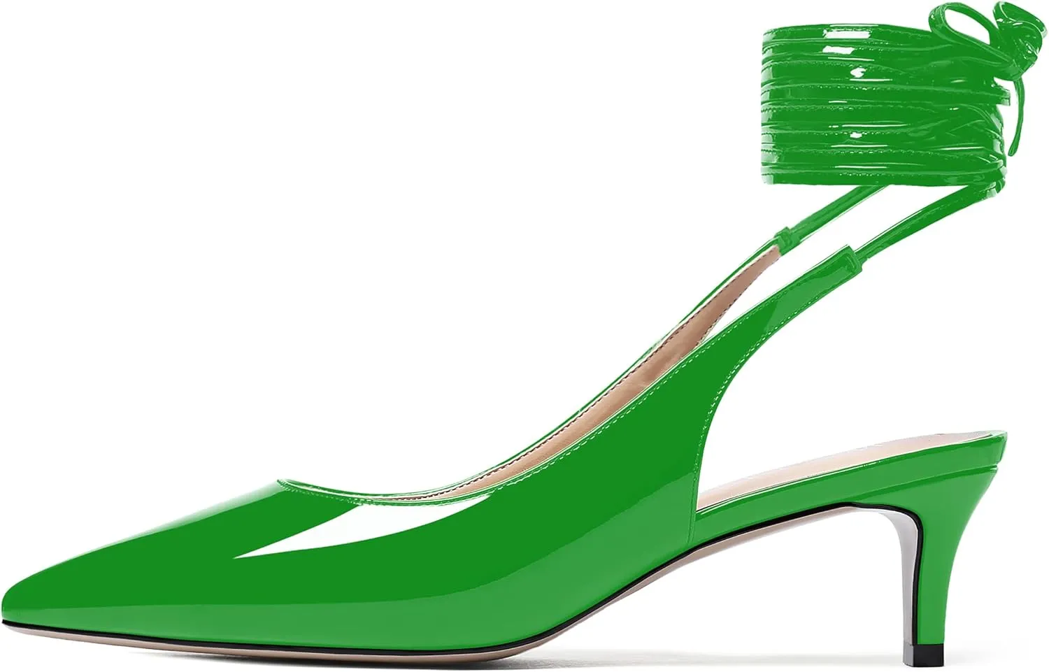WAYDERNS Women's Pointed Toe Slender Wrap-Around Self Tie Patent Slingback Kitten Low Heel Pumps Shoes 2 Inch