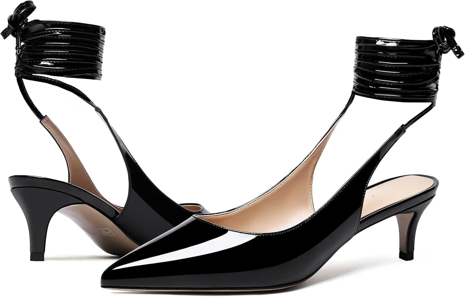 WAYDERNS Women's Pointed Toe Slender Wrap-Around Self Tie Patent Slingback Kitten Low Heel Pumps Shoes 2 Inch