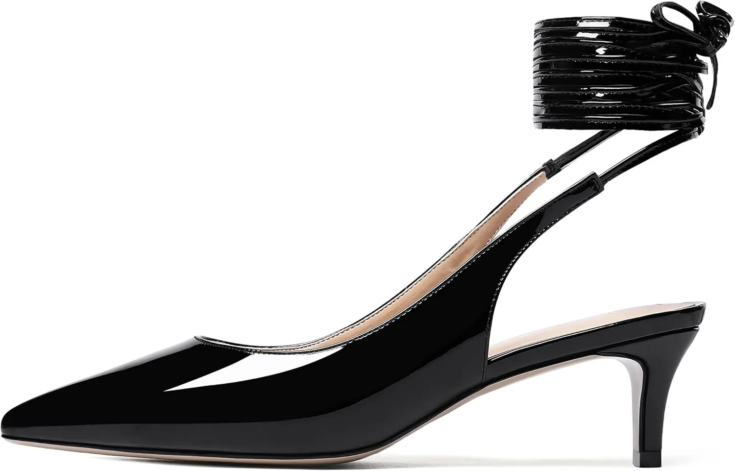 WAYDERNS Women's Pointed Toe Slender Wrap-Around Self Tie Patent Slingback Kitten Low Heel Pumps Shoes 2 Inch