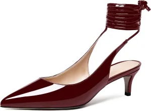 WAYDERNS Women's Pointed Toe Slender Wrap-Around Self Tie Patent Slingback Kitten Low Heel Pumps Shoes 2 Inch