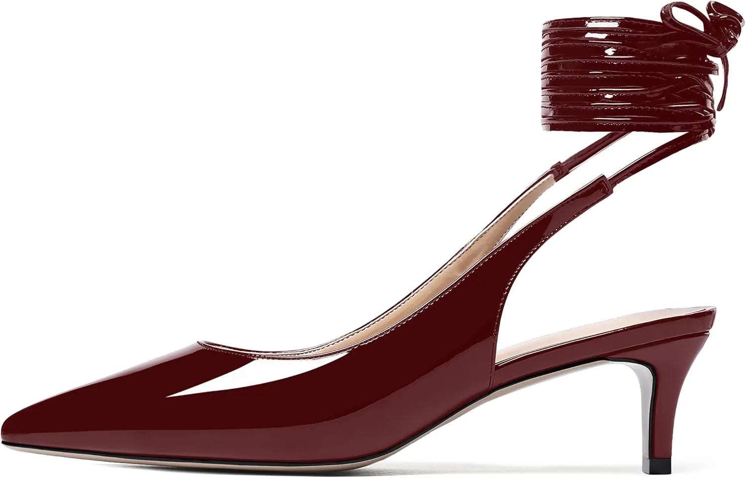 WAYDERNS Women's Pointed Toe Slender Wrap-Around Self Tie Patent Slingback Kitten Low Heel Pumps Shoes 2 Inch