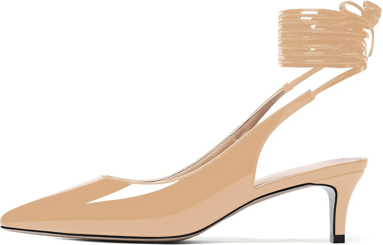 WAYDERNS Women's Pointed Toe Slender Wrap-Around Self Tie Patent Slingback Kitten Low Heel Pumps Shoes 2 Inch