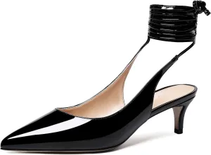 WAYDERNS Women's Pointed Toe Slender Wrap-Around Self Tie Patent Slingback Kitten Low Heel Pumps Shoes 2 Inch
