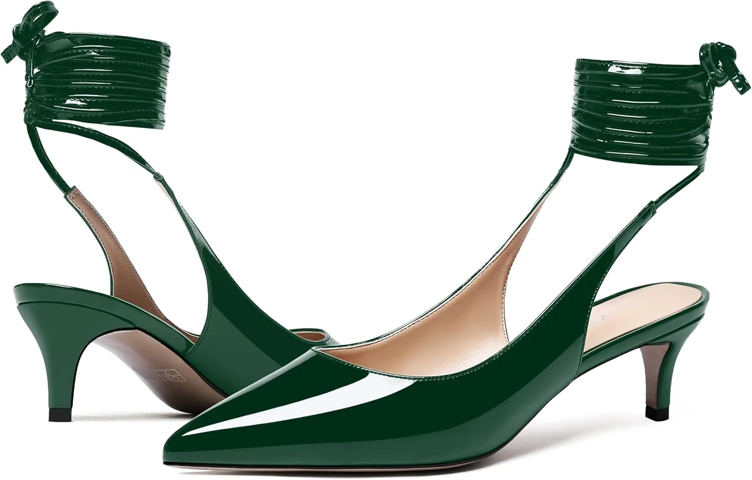 WAYDERNS Women's Pointed Toe Slender Wrap-Around Self Tie Patent Slingback Kitten Low Heel Pumps Shoes 2 Inch
