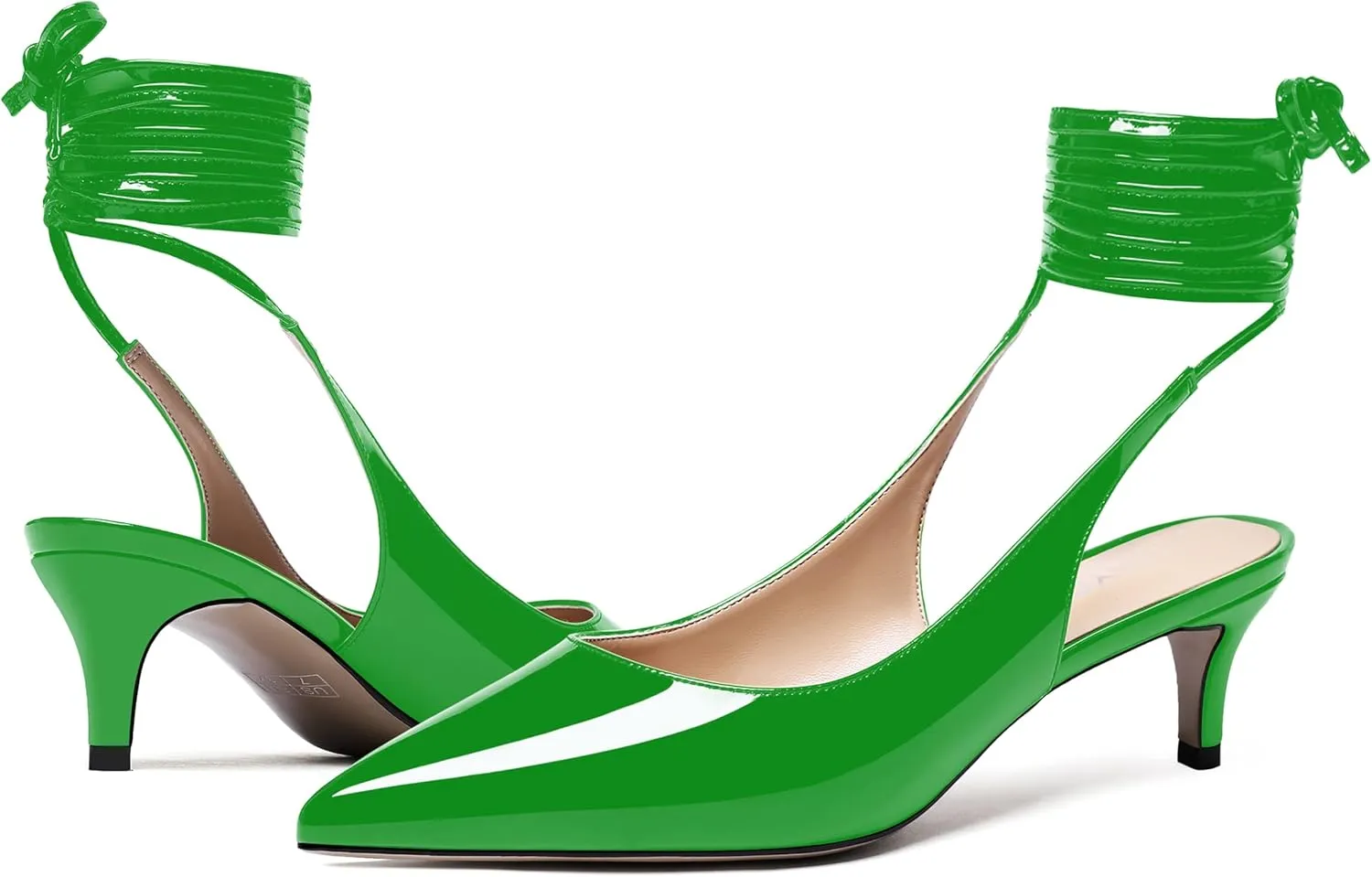 WAYDERNS Women's Pointed Toe Slender Wrap-Around Self Tie Patent Slingback Kitten Low Heel Pumps Shoes 2 Inch