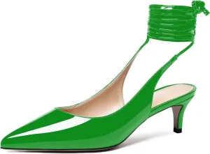 WAYDERNS Women's Pointed Toe Slender Wrap-Around Self Tie Patent Slingback Kitten Low Heel Pumps Shoes 2 Inch