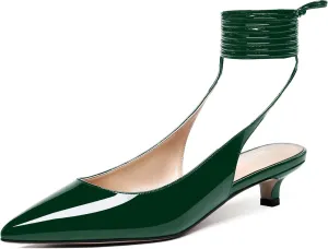 WAYDERNS Women's Slender Wrap-Around Ankle Straps Slingback Patent Pointed Toe Solid Kitten Low Heel Pumps Shoes 1.5 Inch