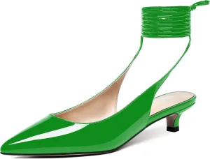 WAYDERNS Women's Slender Wrap-Around Ankle Straps Slingback Patent Pointed Toe Solid Kitten Low Heel Pumps Shoes 1.5 Inch