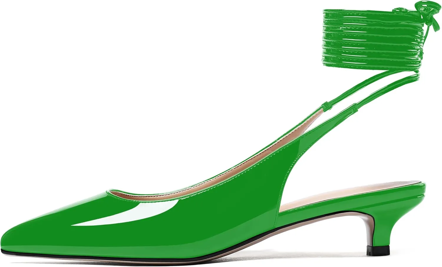 WAYDERNS Women's Slender Wrap-Around Ankle Straps Slingback Patent Pointed Toe Solid Kitten Low Heel Pumps Shoes 1.5 Inch