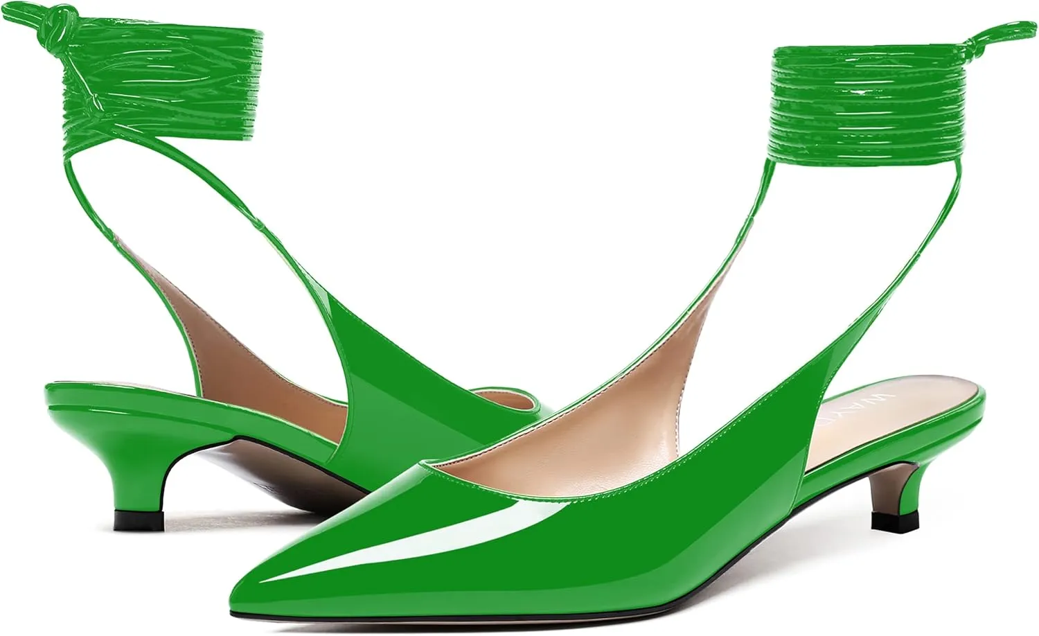WAYDERNS Women's Slender Wrap-Around Ankle Straps Slingback Patent Pointed Toe Solid Kitten Low Heel Pumps Shoes 1.5 Inch