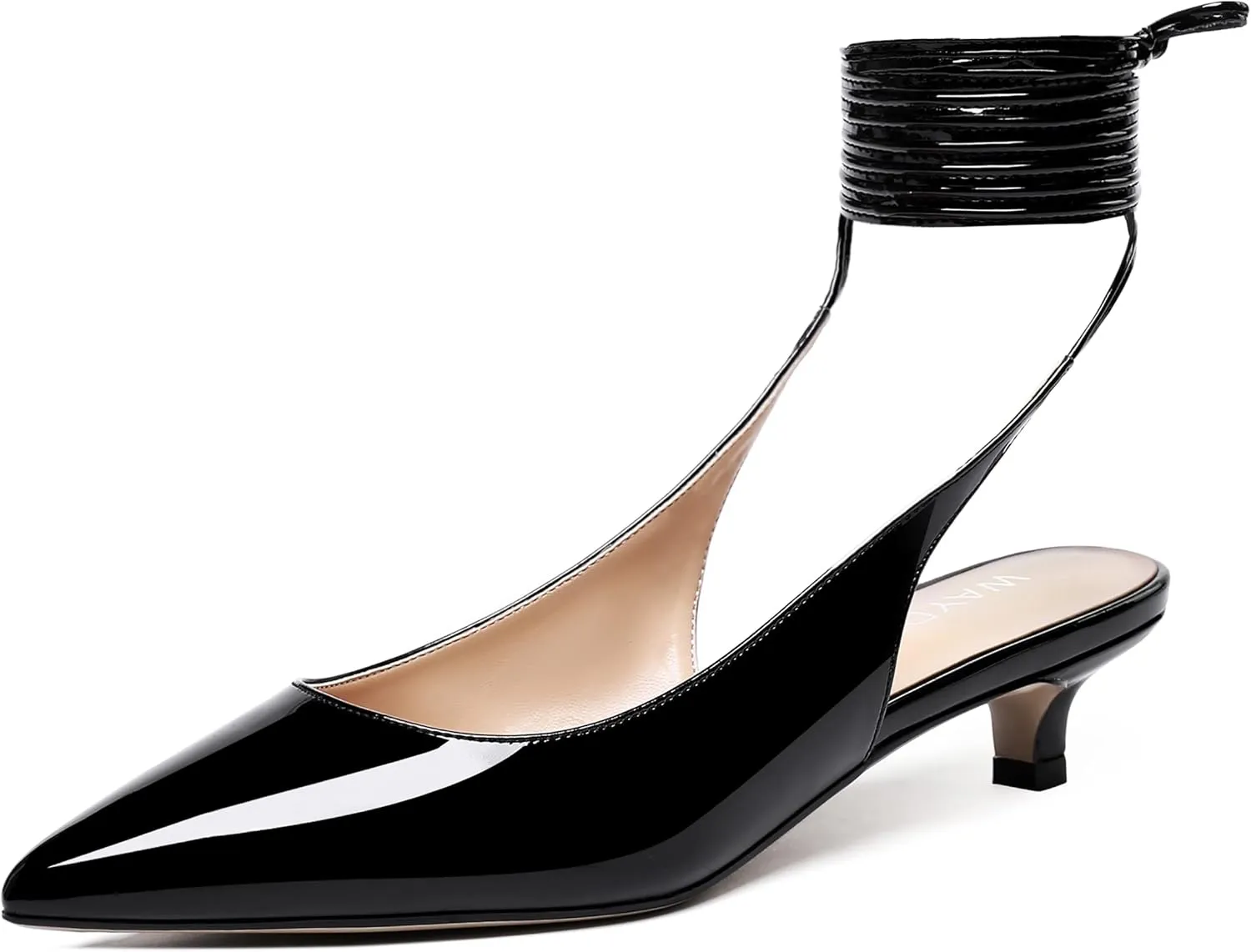 WAYDERNS Women's Slender Wrap-Around Ankle Straps Slingback Patent Pointed Toe Solid Kitten Low Heel Pumps Shoes 1.5 Inch