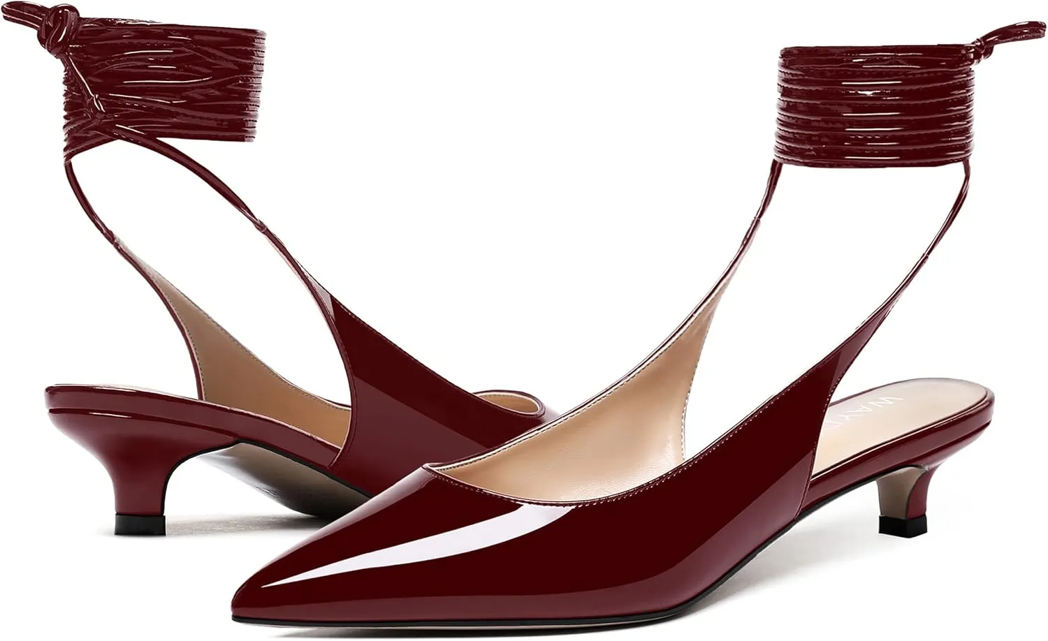WAYDERNS Women's Slender Wrap-Around Ankle Straps Slingback Patent Pointed Toe Solid Kitten Low Heel Pumps Shoes 1.5 Inch