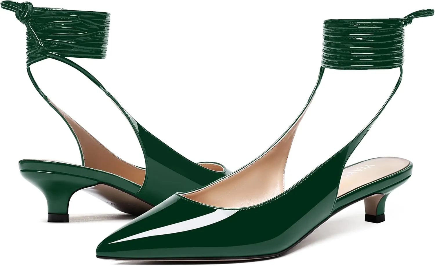 WAYDERNS Women's Slender Wrap-Around Ankle Straps Slingback Patent Pointed Toe Solid Kitten Low Heel Pumps Shoes 1.5 Inch